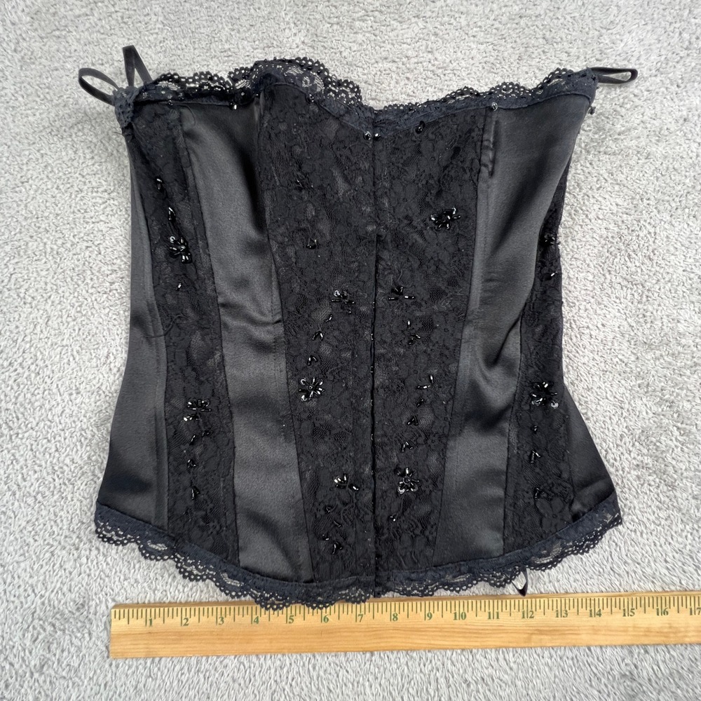 Corset Top Small Black Lace Beaded Satin Goth Burlesque Lingerie Y2K Forbidden